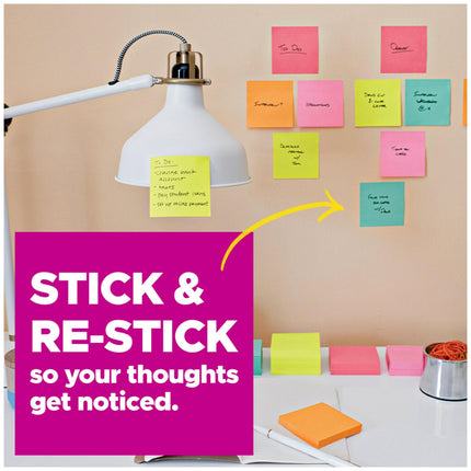 Post-it Super Sticky Notes, 8 Sticky Note Pads, 1.875 x 1.875 in., Back to School Supplies for Students, Ideal for Textbooks, Notebooks, and Vertical Surfaces, Playful Primaries Collection