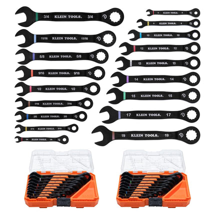 KLEIN TOOLS 69418CG 18-Piece Combination Ratcheting Wrench Set, SAE 1/4 to 3/4-Inch and Metric 6 to 19 mm, 90-Tooth Ratchet, MODbox Compatible, Color-Coded Sizes