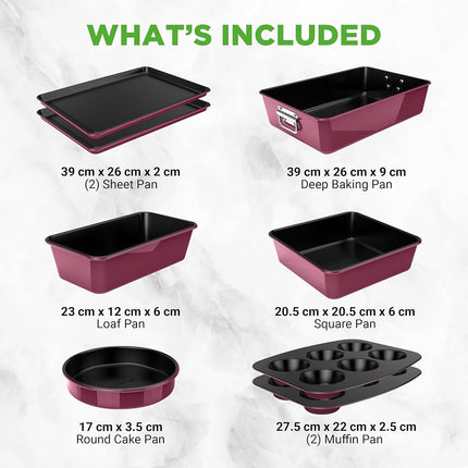 8-Piece Nonstick Stackable Bakeware Set - PFOA, PFOS, PTFE Free Baking Tray Set w/Non-Stick Coating, 450°F Oven Safe, Round Cake, Loaf, Muffin, Wide/Square Pans, Cookie Sheet (Plum)