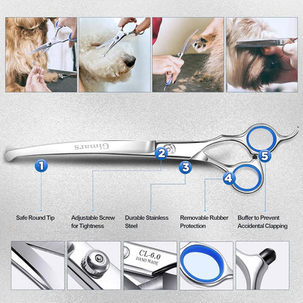 Tijeras profesionales de peluquería para perros Gimars 6 en 1 de acero inoxidable 4CR con punta redonda de seguridad, tijeras de peluquería para mascotas de alta resistencia con revestimiento de titanio para perros, gatos y otros animales