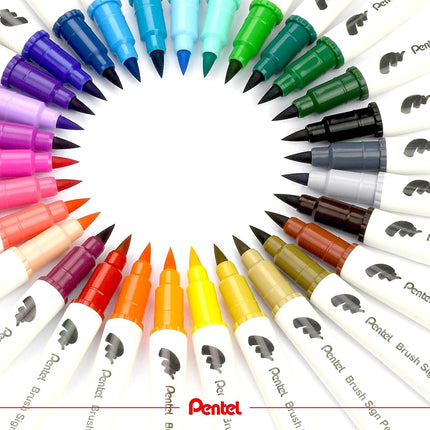Pentel SESW30C-30 Rotulador Doble Brush Sign, Set de 30 Colores, Rotuladores de Fibra con Dos Puntas Flexibles, Tinta a Base de Agua, Surtidos, Paquete de 30
