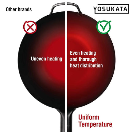 YOSUKATA 34 cm Pre-Seasoned Flat Bottom Black Carbon Steel Wok for Stir Fry