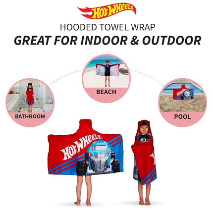 Hot Wheels Soft Cotton Bath/Pool/Beach Terry Hooded Towel Wrap, 24" x 50", by Franco Kids