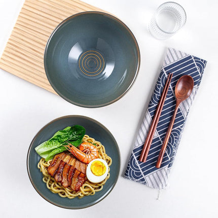 HOKELER Ceramic Japanese Ramen Bowl Set, 2 Sets Asian Pho Udon Soup Noodle Bowls with Spoons and Chopsticks (Olive Green, 8 inches)