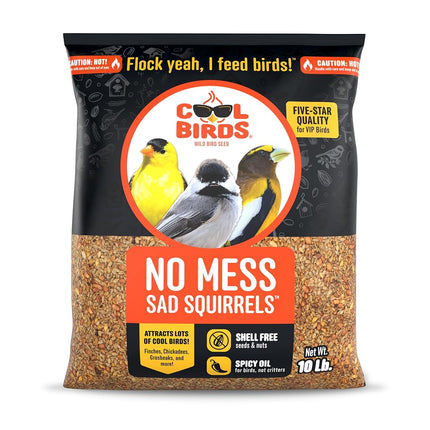 Cool Birds No Mess Sad Squirrels Hot Bird Seed – 10 lb. Spicy Shell-Free Blend with Peanuts, Sunflower Hearts & Chili Pepper Oil – No Waste, Squirrel-Resistant Bird Food for Outside Feeders