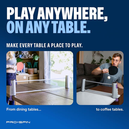 PRO-SPIN Table Tennis Bat Set – with Table Tennis Net for Any Table, Table Tennis Balls 3 Stars, Bag/Cover, Extendable Mobile Table Tennis Net (Blue, Purple, Set for 2 Players)