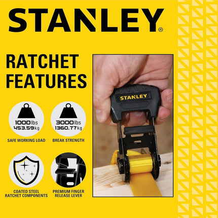 STANLEY S1020 1.25" x 16' Pre-Threaded Ratchet Straps - 1,000 LBS Safe Working Load / 3,000 LBS Break Strength, 2 Pack