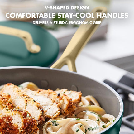 GreenPan 9.5” & 11” Ceramic Nonstick Frying Pan Skillet Set, PFAS-Free, Hard Anodized Cookware, Induction Compatible & All Cooktops, Dishwasher & Oven Safe, GP5 Stay-Flat Surface, Rainforest Green