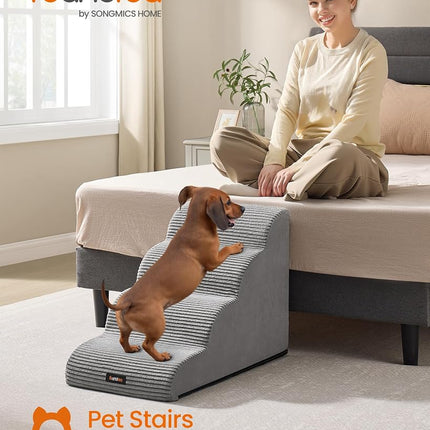Feandrea Dog Stairs, 4 Steps, Pet Stairs, for Small Dogs, Bed, Sofa, Waterproof Cat Stairs, Non-Slip, Gringe Tilt, Removable Washable Cover, Handle, Dove Grey PPS004G01