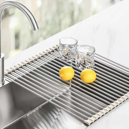 Tomorotec 21" x 15.5" Roll Up Dish Drying Rack Over Sink Drying Rack Sink Cover Kitchen Sink Accessories Gadget Multipurpose Organizer Foldable Stainless Steel Drainer