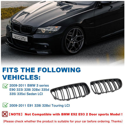 BILLDIO E90 Grille - Front Kidney Grille Double Slats Glossy Black Compatible with 2009-2011 BMW 3 series E90 323i 328i 328xi 335d 335i 335xi Sedan LCI，E91 328i 328xi Touring LCI