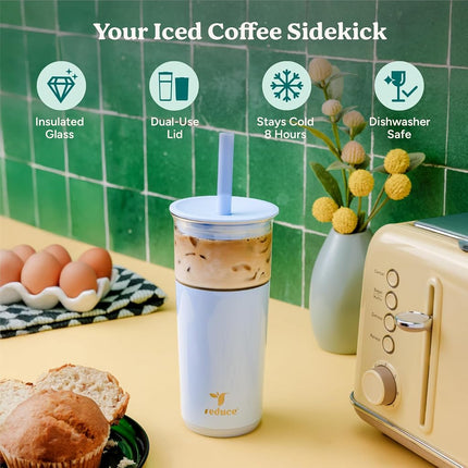REDUCE Aspen 20 oz Vacuum Insulated Glass Tumbler with Lid & Extra Wide Straw - Keeps Drinks Cold for 12 Hrs - Ideal for Iced Coffee, Smoothies & Boba - Dishwasher Safe, Soft Base - Matcha