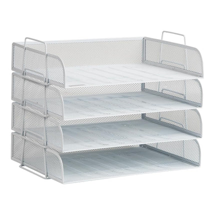 Mind Reader Stackable Paper Tray, Desktop Organizer, File Storage, Office, Metal Mesh, 14" L x 9.75" W x 11.25" H, 4 Pcs., White