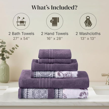 Modern Threads 6 Piece Set, 2 Bath Towels, 2 Hand Towels, 2 Washcloths Yarn Dyed Jacquard/Solid Towel Set Ophelia Orchid