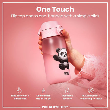 Ion8 Small Water Bottle, 350 ml/12 oz, Leak Proof, Easy to Open, Secure Lock, Dishwasher Safe, BPA Free, Carry Handle, Hygienic Flip Cover, Easy Clean, Odor Free, Carbon Neutral, Pink, Panda Design