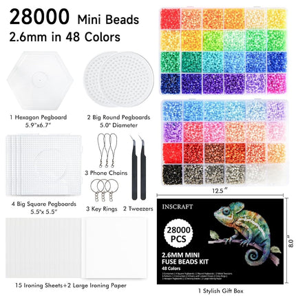 INSCRAFT 28,000 Mini Fuse Beads Kit - 2.6mm, 48 Colors, 7 Pegboards, 15 Tweezers, 2 Ironing Papers - Melty Beads Craft Kit