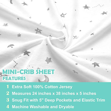 TL Care Fitted Portable/Mini-Crib Sheet 100% Natural Cotton Jersey, Stars and Moon, Soft Breathable, for Boys and Girls