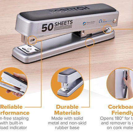 Bostitch Titan Heavy Duty Metal Stapler, 50 Sheet Capacity with 1250 Standard Staples and 500 Extended Staples, Ergonomic Staple Remover, Jam Free Stapling, Full Strip Stapler, Silver
