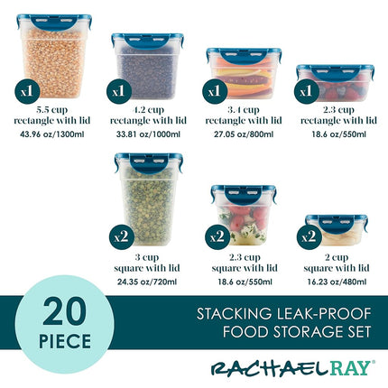 Rachael Ray Leak-Proof Stacking Container Food Storage Bin Set, 20 Piece, Clear with Teal Lids