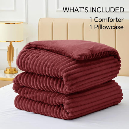 BEDELITE Fleece Twin Comforter Set -Super Soft & Warm Fluffy Burgundy Bedding, Luxury Fuzzy Heavy Bed Set for Winter with 1 Pillow case