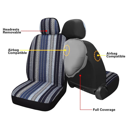 VarCozy Baja Saddle Blanket Seat Covers, Front Seat Covers for Sedan, SUV, Truck, Universal Stripe Colorful Woven Automotive Seat Cover, Breathable, Washable, Airbag Compatible