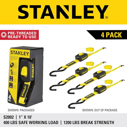 STANLEY S2002 Black/Yellow 1" x 10' Enclosed Cam-buckle Tie Down Straps - 400 lb Safe Working Load / 1,200 lb Break Strength, 4 Pack