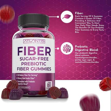 Gomitas de fibra prebiótica sin azúcar para adultos - Suplemento de fibra formulado con 5 g de fibra y 5,4 g de mezcla digestiva prebiótica. Favorece la salud intestinal y promueve una digestión saludable - Paquete de 2 (120 gomitas)