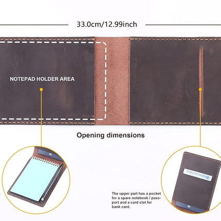 Leather Cover for 3.5”x5.5”Top Spiral Notebook, Handmade Leather Notebook Cover Compatible with Rocketbook Mini Size, Small Pocket Memo Notepads Holder with Business Card Holder-Coffee