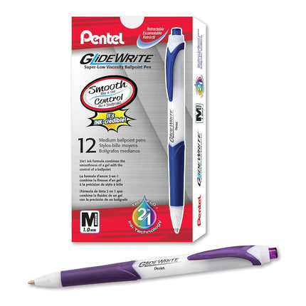 Pentel GlideWrite Ballpoint Pen with TechniFlo Ink, (1.0mm) Medium Line, Violet, Box of 12 (BX910-V)
