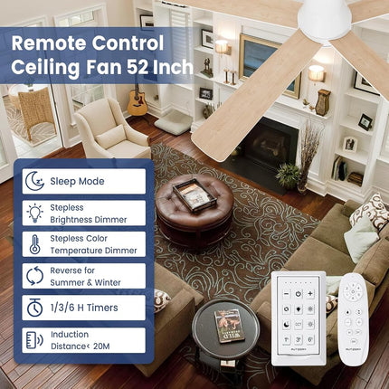 Autoday 52 Inch Ceiling Fans with Lights and Remote - White Ceiling Fan with Light Low Profile, Flush Mount Indoor/Outdoor Ceiling Fans for Patios Bedroom