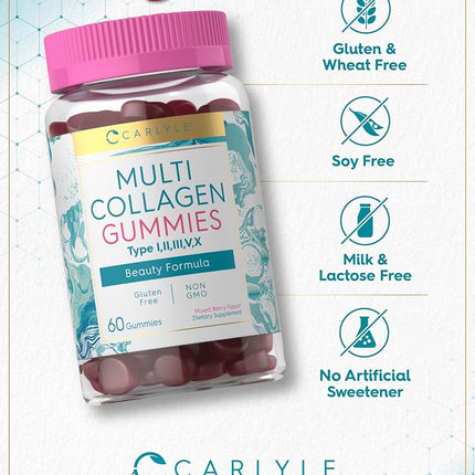 Collagen Gummies | 60 Count | Multi Collagen Complex | Beauty Formula Supplement | Mixed Berry Flavor | Non-GMO, Gluten Free | Carlyle