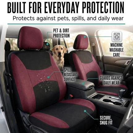 FH Group FB030BURGUNDY-COMBO Seat Cover Combo Set with Steering Wheel Cover and Seat Belt Pad (Airbag Compatible and Split Bench Burgundy)