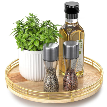 AMH Decorative Oak Wood Rotating Tray for Home Dec