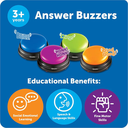Learning Resources Answer Buzzers – Set of 4, Ages 3+, Game Show Style Buzzers with Fun Sound Effects, Pre-Recorded Sounds for Classroom & Family Games