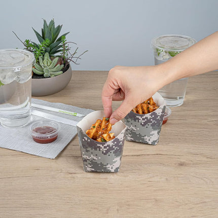 Bio Tek 3.9 x 2.6 x 3.5 Inch French Fry Cup, 100 Disposable Snack Cups - Stackable, Sustainable, Camouflage Paper 2 Ounce Fry Holder, For Fries, Onion Rings, Popcorn, or Cookies - Restaurantware