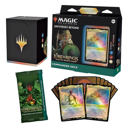Magic: The Gathering El Señor de los Anillos: relatos de la Tierra Media Mazo de Commander - Jinetes de Rohan (Mazo de 100 cartas, paquete de muestra de 2 cartas de Collector Booster + accesorios)