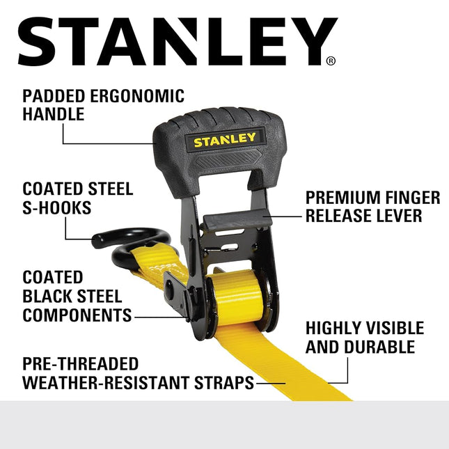 STANLEY S1020 1.25" x 16' Pre-Threaded Ratchet Straps - 1,000 LBS Safe Working Load / 3,000 LBS Break Strength, 2 Pack
