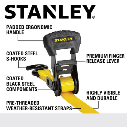 STANLEY S1020 1.25" x 16' Pre-Threaded Ratchet Straps - 1,000 LBS Safe Working Load / 3,000 LBS Break Strength, 2 Pack