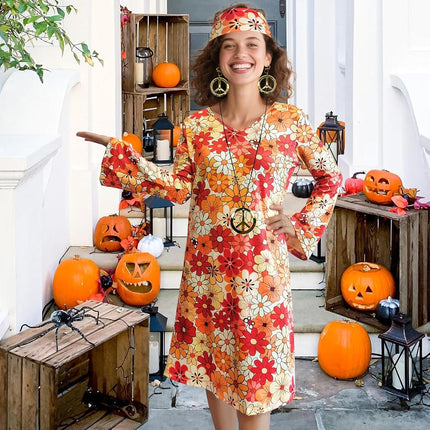 MRYUWB 70s Hippie Dress Costumes Necklace Earrings Sunglass Women Disco Outfit, 60s Party Costume, Halloween Retro Dresses, Flower Power Orange, XX-Large