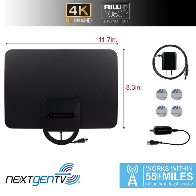 GE Ultra Edge Amplified HD Digital TV Antenna, Long Range Smart TV Antenna, Supports 4K 1080P HD Smart TV VHF UHF, Amplifier Signal Booster with Signal Finder, 10ft Coax HDTV Cable/AC Adapter, 58403