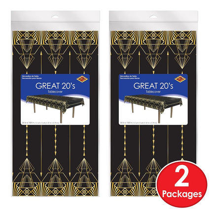 Beistle 2 Piece Disposable Plastic Elegant Roaring 20's Rectangular Table Covers 1920's Gatsby Theme Party Decorations Supplies, 54" x 108", Black/Gold
