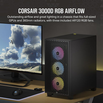 CORSAIR 3000D RGB AIRFLOW Mid-Tower PC Case – 3x AR120 RGB Fans – Three-Slot GPU Support – Fits up to 8x 120mm Fans – High-Airflow Design – Black