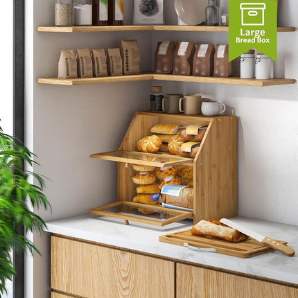 BMOSU Bread Box With Cutting Board - Kitchen Storage Organizer, Farmhouse Countertop Double Bamboo Wood Box (Natural)