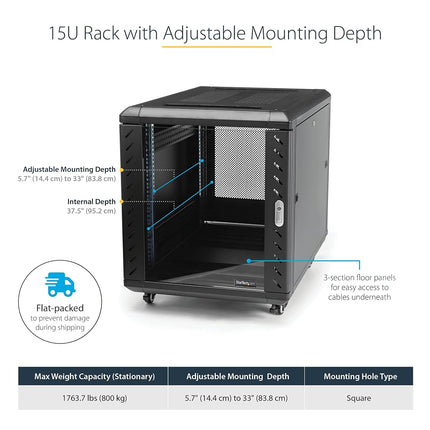 StarTech.com 4-Post 15U Server Rack Cabinet, 19" Data Rack Cabinet for IT / Network Equipment, with Adjustable Mounting Rails