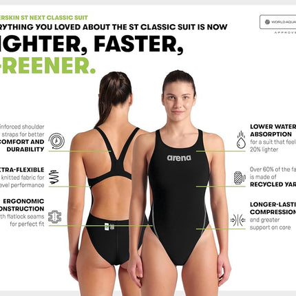 Arena Powerskin ST Next Classic Women's Competition Racing Swimsuit, Competitive Tech Race Suit, Black, Navy, 36