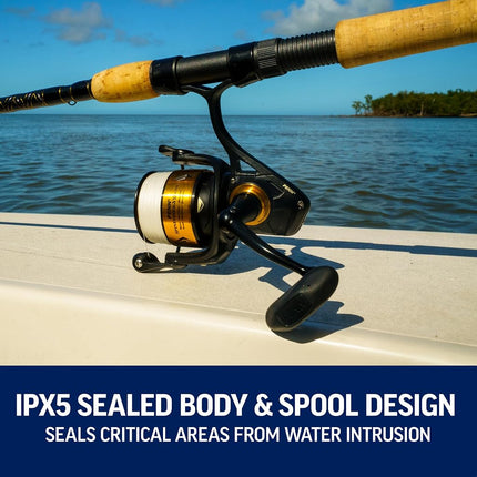 PENN Spinfisher VII Spinning Reel, Fishing Reel, Sea Fishing Reel With IPX5 Sealing That Protects Against Saltwater Ingression, Caters for different Species, Unisex, Black Gold, 4500