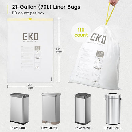 EKO Extra Strong 21 Gallon Large Trash Bags, Heavy-Duty Drawstring Kitchen & Household Garbage Bags (80L), Leak-Resistant, 110 Count, Code G