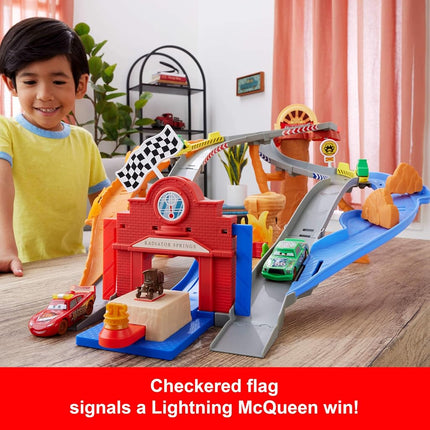 Mattel Disney and Pixar Cars Toy Playset, Lightning McQueen & Chicks Hicks & 2 Pitty Crew Vehicles, 2 Ways to Race, Race & Rescue Rescue Road Raceway, JFL57