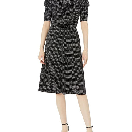 Adrianna Papell Women's Ruffle Neck Short Sleeve Dress, Black/Ivory Outline Dot, L