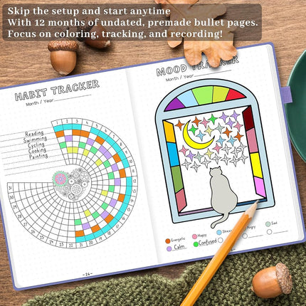 ONGROX Premade Bullet Style Notebook with Hand-Drawn Pages, Dotted Journal with Unique Pre-Made Bullet Templates, Undated Planner with Weekly Spreads & Monthly Themes, 12 Months, A5 Linen Hardcover